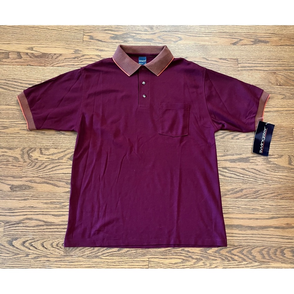 Vintage 80s Swingster Mens Polo Shirt Burgundy Made in USA Deadstock NWT Large